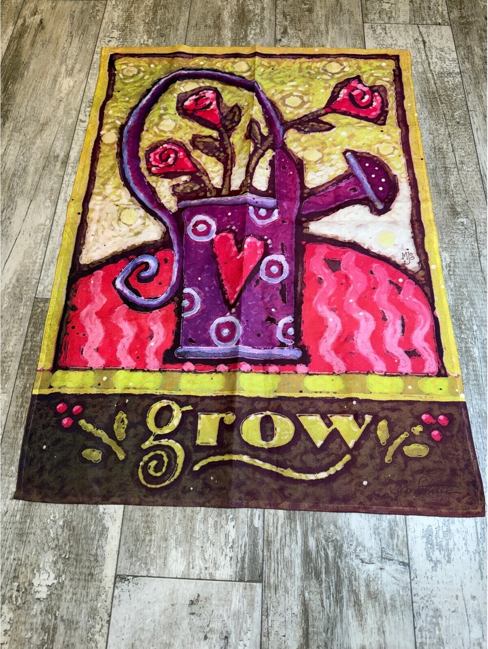 Grow Garden Flag Watering Can Roses Folk Art Whimsical Garden